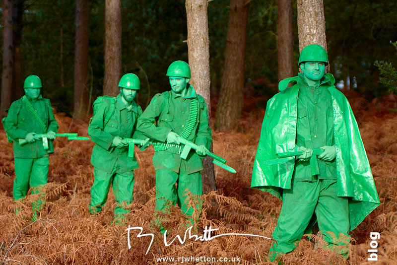 Green army men walking though forest - Production Photography Dorset